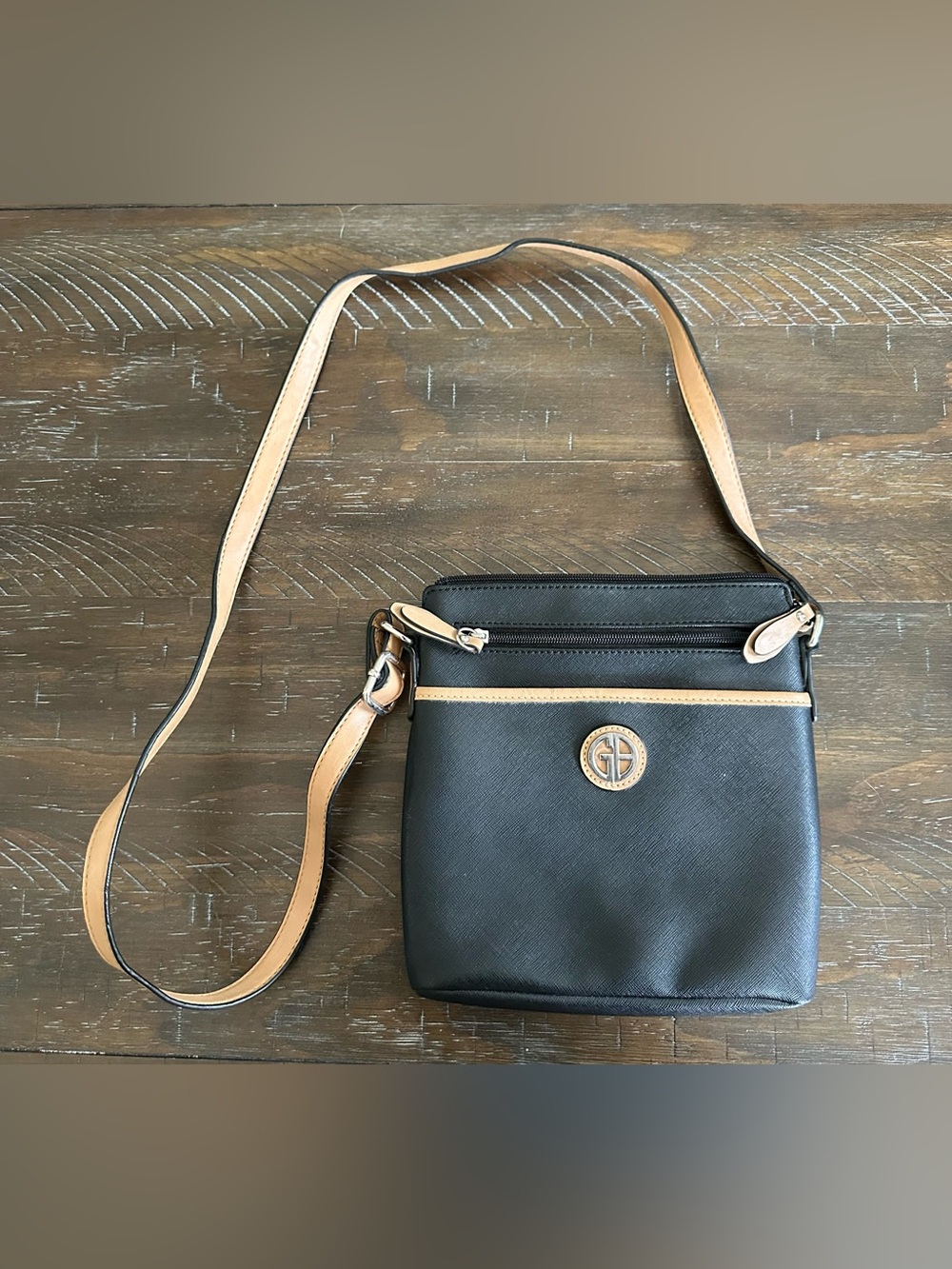 Gianni Bernini Black Crossbody Shoulder Bag with Tan Trim and Logo